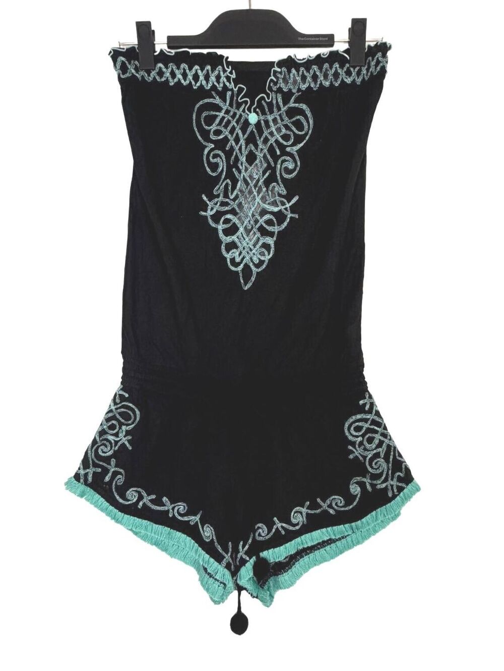 Poupette St. Barth Bety Strapless Embroidered Pom-Pom Romper Black Teal Size Med